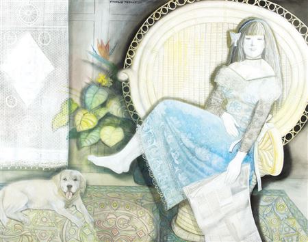 Sample artwork by Virgilio Trompiz (1927 - 2012), known for modernist paintings of young girls with hats, portraits, faces, murals - View similar artists and auction records
