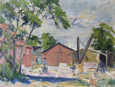 Landscape with workers at a construction site