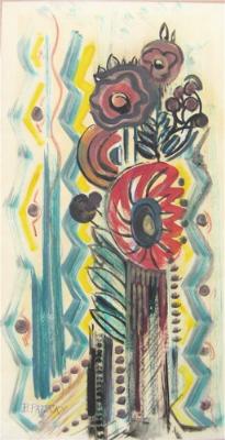 Stylized still life with vase of flowers