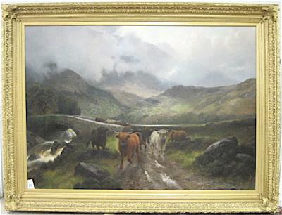 Highland cattle moving downward from gathering storm by Harald R Hall - Auction record, sale price, and art valuation. Compare with similar artists and explore comparable artworks.