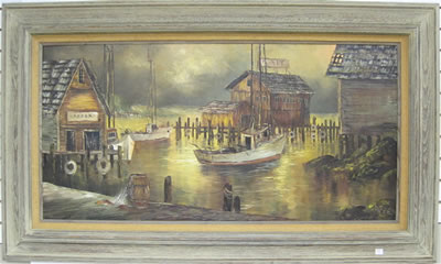 Depicting a dock scene and cannery