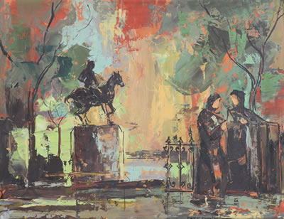 Figures conversing in a rainy park