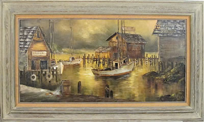 Depicting a dock scene and cannery