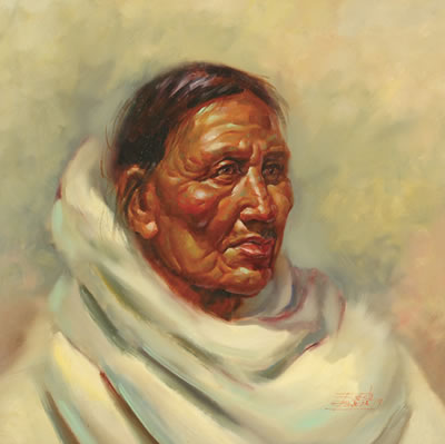 Native American portrait in a wood frame