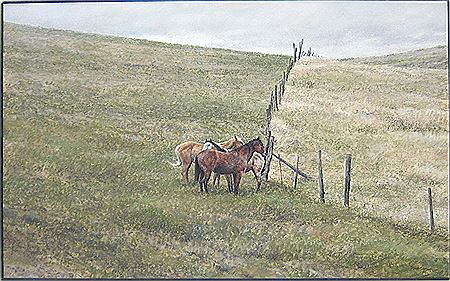 "The Corner Hangout," depicting horses near a fence