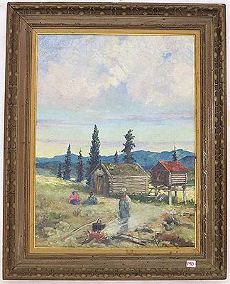 Alaskan scene, figures cooking over a fire with cabin and cache in the background