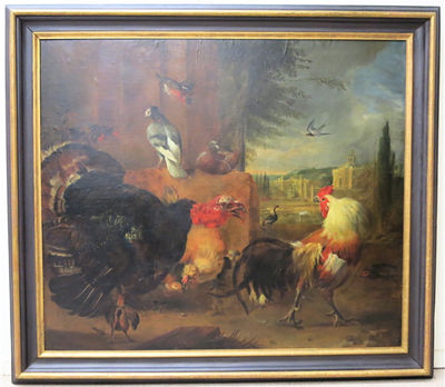 Avian scene with chickens, turkey, doves, etc