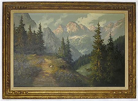 Alpine landscape with mountains in the background, in a wood frame by J H Thomas - Auction record, sale price, and art valuation. Compare with similar artists and explore comparable artworks.