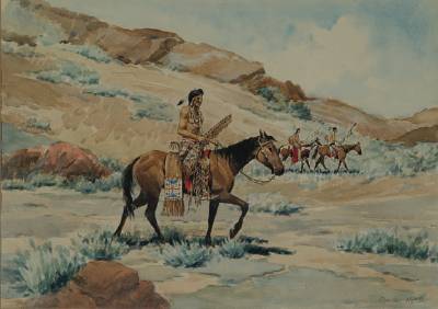 Indian on horseback in landscape