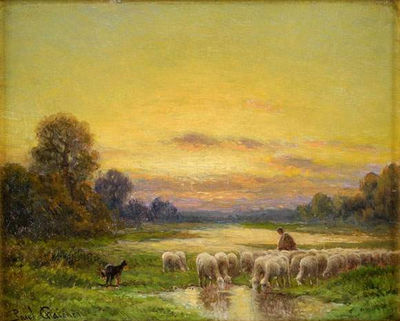Berger et son troupeau au soleil couchant