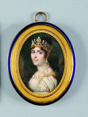 Portrait de l'Impératrice Joséphine en buste de profil, portant une couronne, des boucles d'oreille et un collier en perles