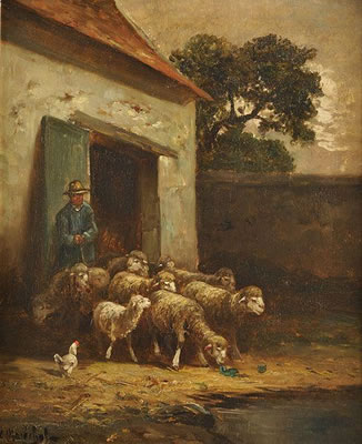Berger et moutons sortant de la bergerie