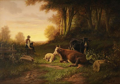 Berger et son troupeau au coucher du soleil
