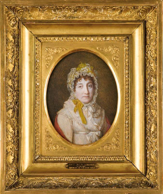 Marie Letizia Bonaparte, mère de l'Empereur Napoléon Ier en buste de face, portant un bonnet en dentelle, revêtue d'une robe blanche et d'un châle écarlate