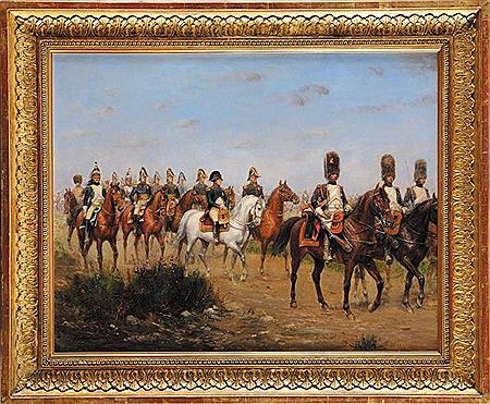 Napoléon, son Etat major et les Grenadiers à cheval de la Garde impériale.