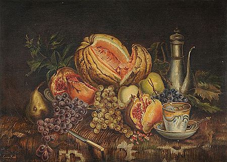 Nature morte à la citrouille, pastèque et raisins