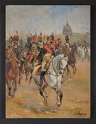 Le Maréchal Mortier et la Garde impériale rendant les honneurs à l'Empereur Napoléon Ier devant les Invalides