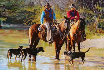 Sample artwork by Tom Dorr (Born 1950), known for cowboy genre and landscape painting - View similar artists and auction records