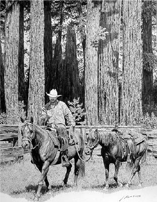 Sample artwork by Jamie Means (Born 1972), known for drawing-cowboy/cowgirls on horses - View similar artists and auction records