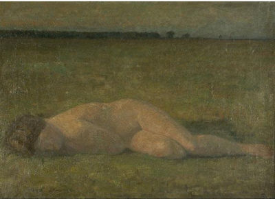 A Nude Woman Lying on a Grassy Field