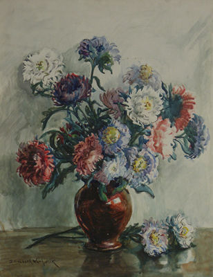 CHRYSANTHEMUM STILL LIFE IN RED ENAMEL VASE