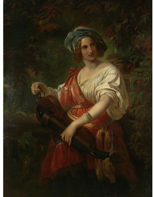 A woman in Italian Renaissance garb playing a hurdy-gurdy