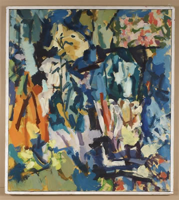 Abstract painting in blues and orange