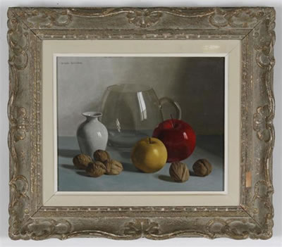 Still life of walnuts, apples and a glass jug