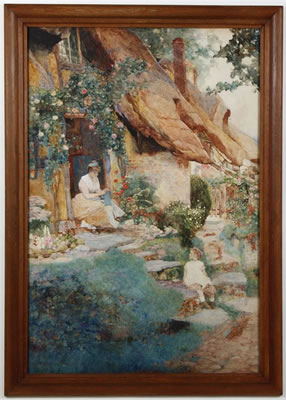 Country cottage scene with woman and child seated on steps with blooming flowers and shrubs by David Woodlock - Auction record, sale price, and art valuation. Compare with similar artists and explore comparable artworks.