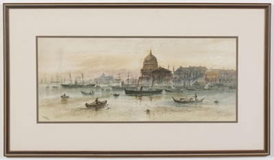 A European harbor scene with small boats, ships, and buildings