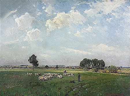 Weite Landschaft, Schäfer mit Herde und Wagen vor Dorf