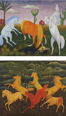 Two works: Horses at the Water Hole and Panic (Prancing Horses) by Lawrence Lebduska - Auction record, sale price, and art valuation. Compare with similar artists and explore comparable artworks.
