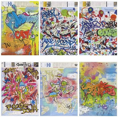 Six works: NYC Transit Authority Subway Maps with Graffiti and Tag, 2010