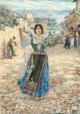 JEUNE FEMME JETTANT DES FLEURS A L'OCCASION DE LA FETE DE LA VIERGE DANS LES ALPES ITALIENNES by Augusto Corelli - Auction record, sale price, and art valuation. Compare with similar artists and explore comparable artworks.