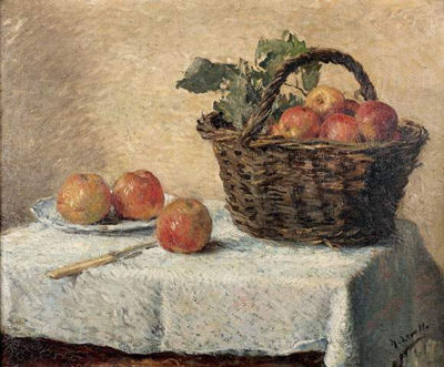NATURE MORTE, LE PANIER DE POMMES SUR LA TABLE