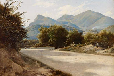 Paysage de montagne avec un muletier et un paysan