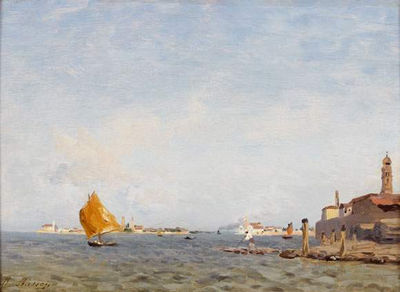Vue de la lagune vénitienne avec au fond l'île de San Michele