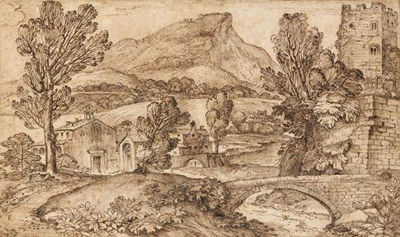 Sample artwork by Giovanni Francesco Grimaldi (1606 - 1680), known for history, portrait and landscape paintings, pen and ink drawing, architecture - View similar artists and auction records