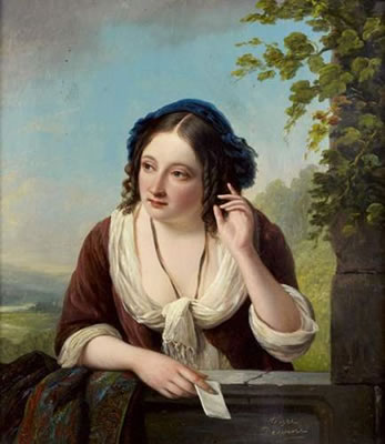 Jeune femme tenant une lettre devant une balustrade