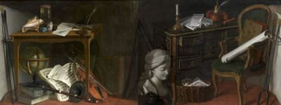 Objets de curiosité disposés sur une table qui surmonte une mappemonde et des instruments de musique AND Buste de femme et panier d'osier rempli de feuilles de musique disposés près d'un bureau en marquèterie (a pair) by Nicolas-Henri Jeaurat de Bertry - Auction record, sale price, and art valuation. Compare with similar artists and explore comparable artworks.