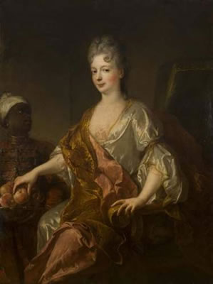 Portrait de jeune femme prenant une pêche dans un panier offert par un jeune page, dit Le portrait de la marquise de Ramatuelle