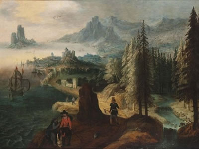 Promeneurs sur un chemin dominant un rivage
