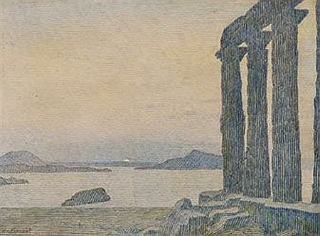 Paysage symboliste : temple devant la mer