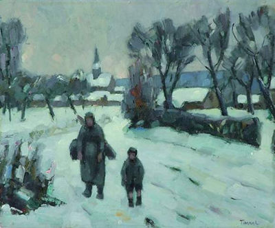 Paysanne et enfant sur la route enneigée
