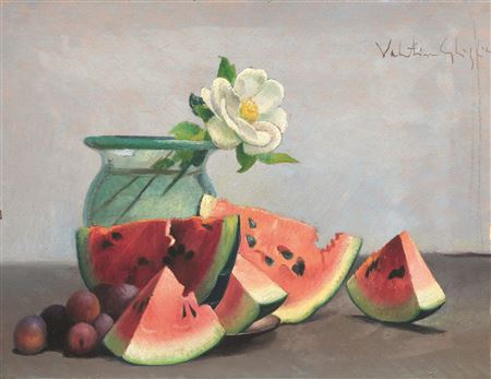 NATURA MORTA CON COCOMERI E FIORI by Valentino Ghiglia - Auction record, sale price, and art valuation. Compare with similar artists and explore comparable artworks.