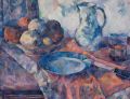 Stillleben mit Obst, Teller, Messern und Kanne