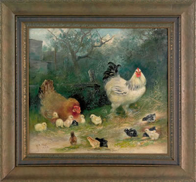 HEN, ROOSTER AND THIRTEEN CHICKS by Mary B Leisz - Auction record, sale price, and art valuation. Compare with similar artists and explore comparable artworks.