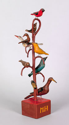 Carved and painted bird tree
