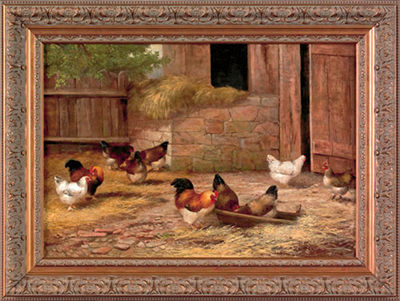BARN SCENE WITH ROOSTERS AND HENS