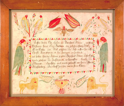 The central script surrounded by eagle, parrots, and lions